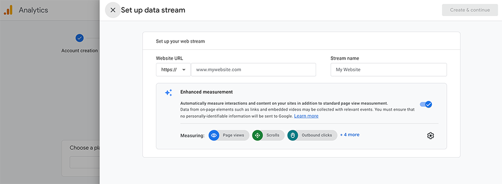 Enter the website URL and stream name